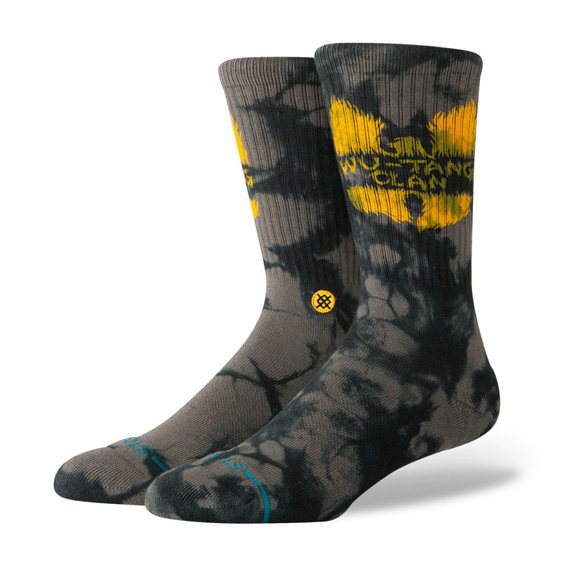 Unisex crew socks with dark camo print and yellow graphic, ribbed cuff