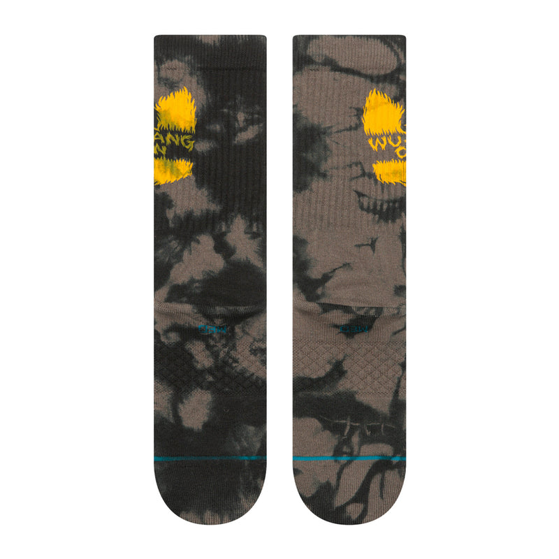 Crew socks with dark gray tie-dye camo, yellow flame-style logo, blue trim