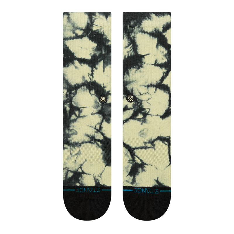 Unisex crew socks, green-and-black tie-dye with black cuffs and small logo