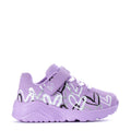 Lavender kids sneakers with hook-and-loop strap and heart graffiti accents