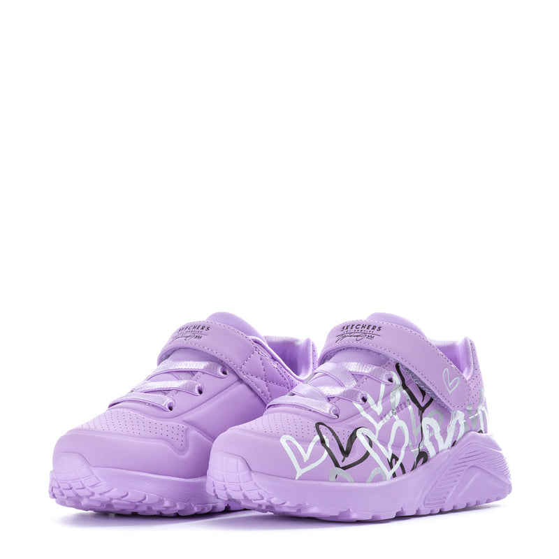 Pair of lavender kids sneakers with patterned panels and thick textured sole