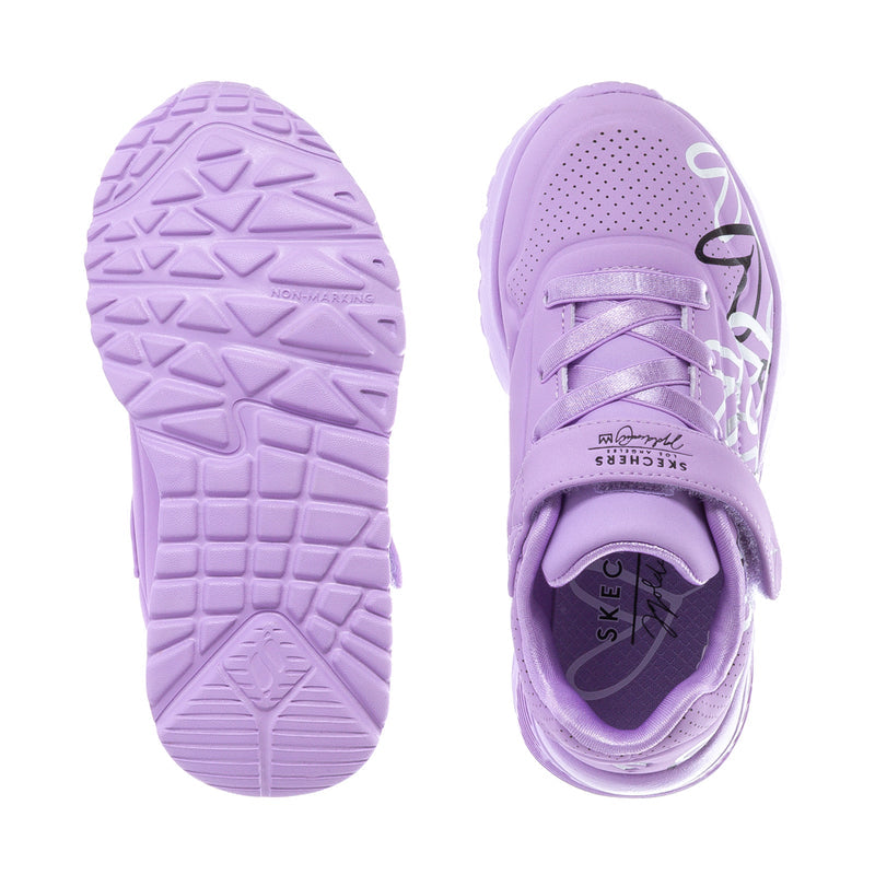 Lavender kids sneaker outsole tread and heel with Skechers logo