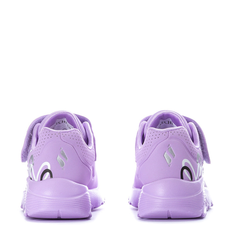 Lavender kids sneakers back view with cushioned collar and hook-and-loop strap