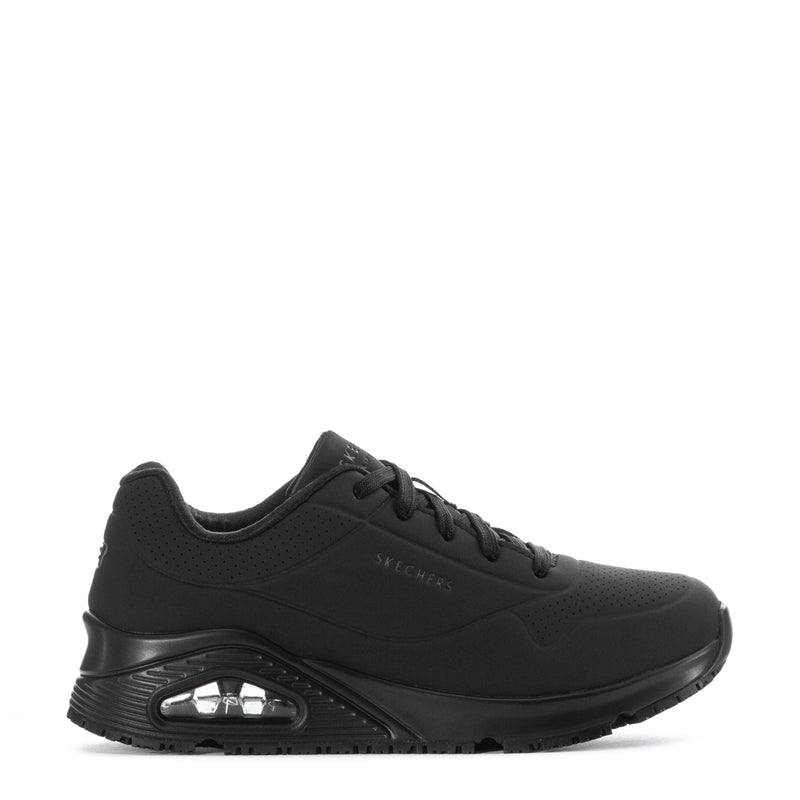 Women's black lace-up sneaker with cushioned midsole and visible air unit