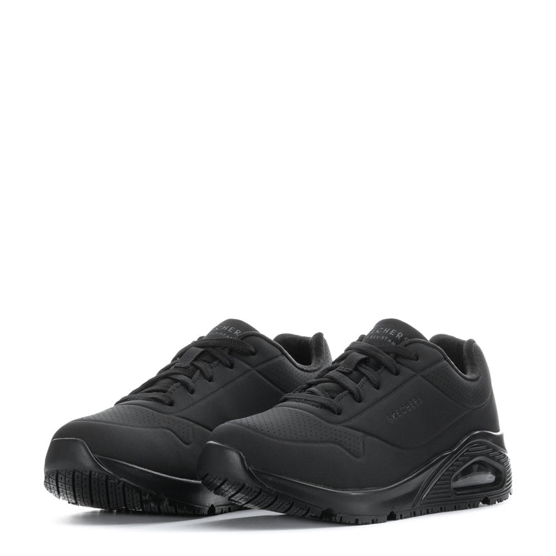Pair of women's black lace-up sneakers with textured toe and air-cushion sole