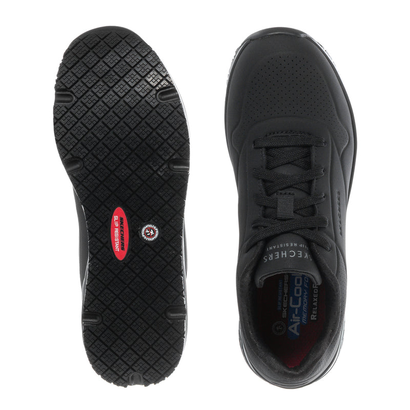 Women's black sneaker outsole tread and lace-up upper details