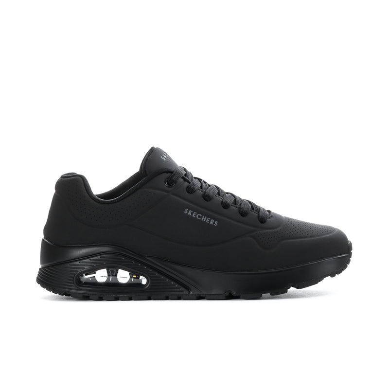 Men's black wide athletic sneakers with lace-up front and visible air-cushion sole