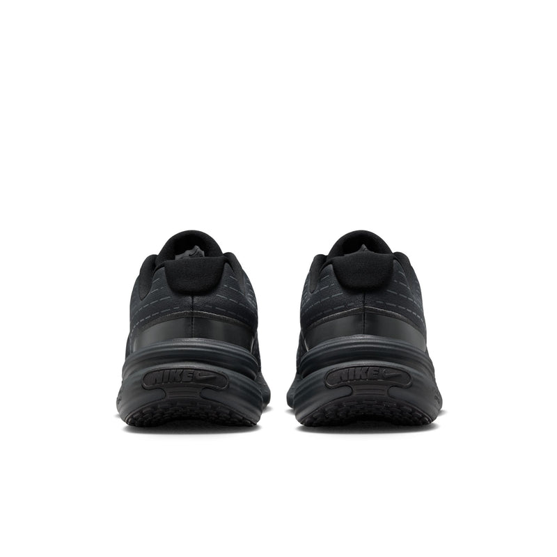 Black running sneakers, back view with pull tab and cushioned heel
