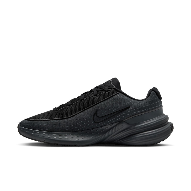 Black running shoe, angled side view with Nike Swoosh and textured knit upper