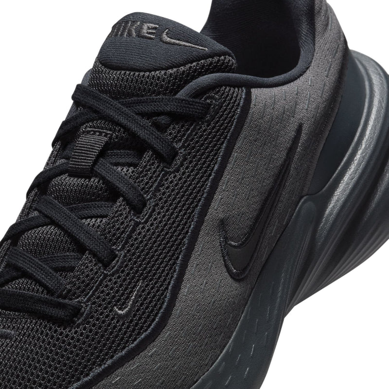 Women's black lace-up knit upper close-up with Nike swoosh and detailed lacing