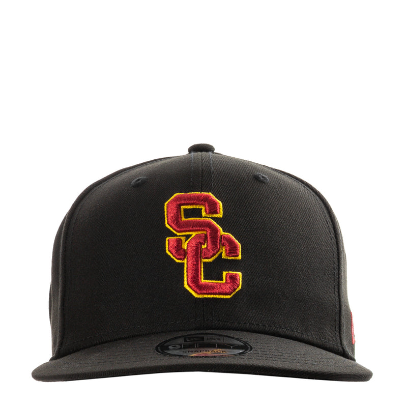 Black baseball cap with embroidered USC logo in red and yellow at front