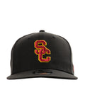 Black baseball cap with embroidered USC logo in red and yellow at front
