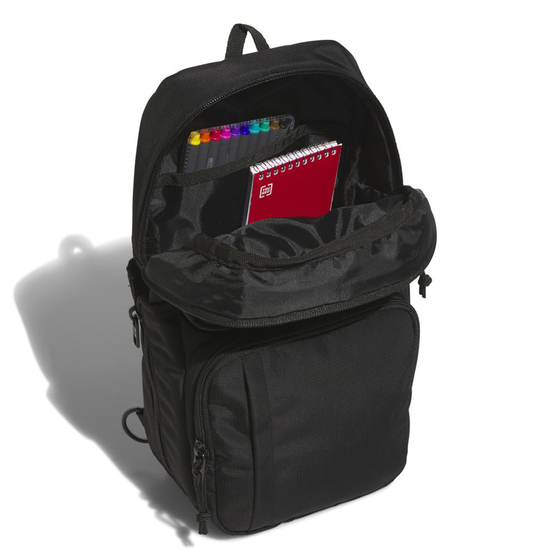 Black utility sling bag open top showing organizer sleeves and mesh compartment