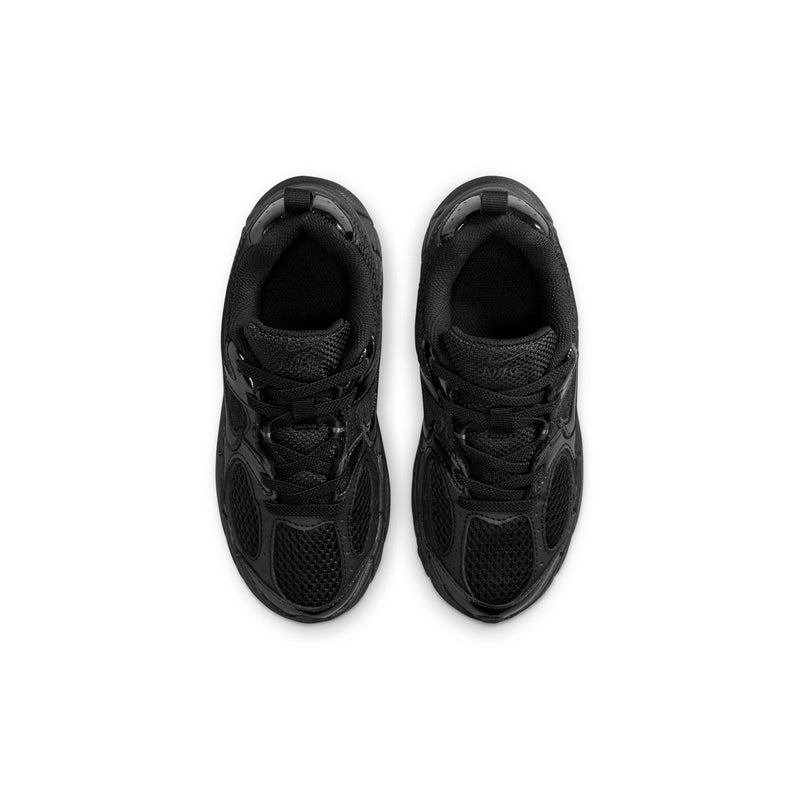 Kids black lace-up running shoes seen from above, showing mesh toe and tongue