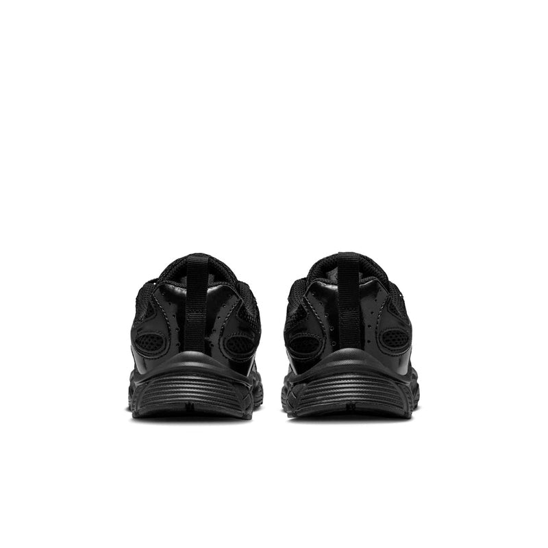 Kids black running shoes from the back, showing heel cushioning and lace collar