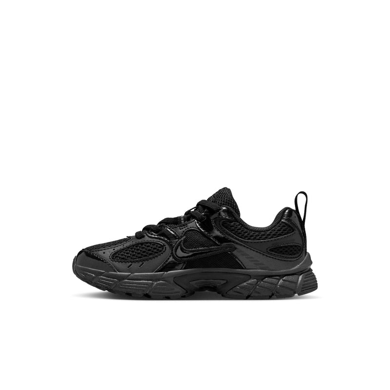 Kids black running shoes, alternate side view with swoosh and textured sole