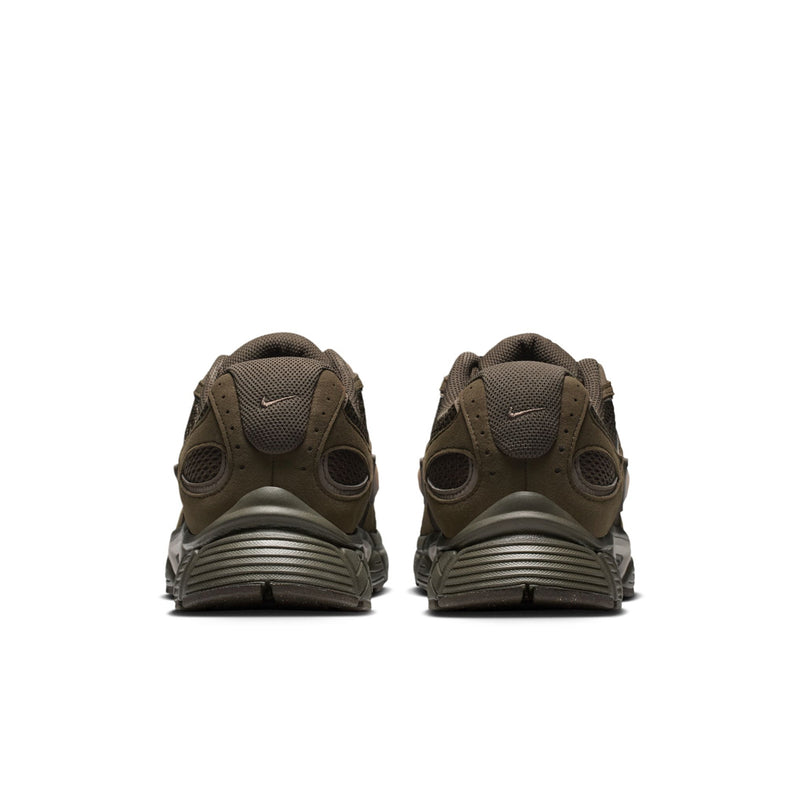 Back view of men's olive-brown sneakers with cushioned heel and ribbed sole