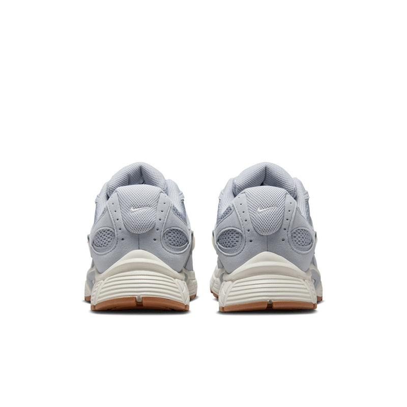 Men's light gray running shoes rear view with cushioned collar and gum-brown outsole