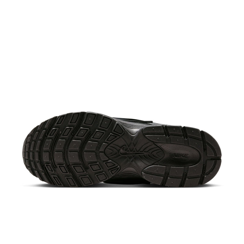 Women's black running shoe outsole with deep tread and patterned grip