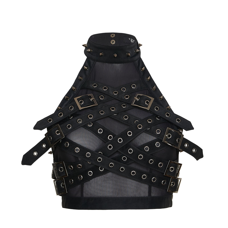 Black top with studs and buckles on a white background
