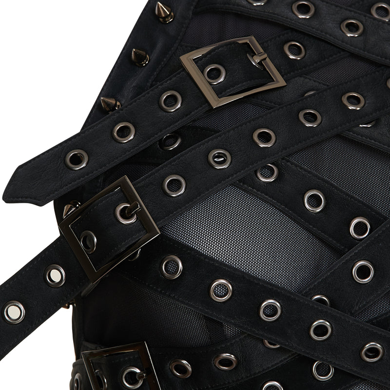 Black top with metal buckles and eyelets on a white background