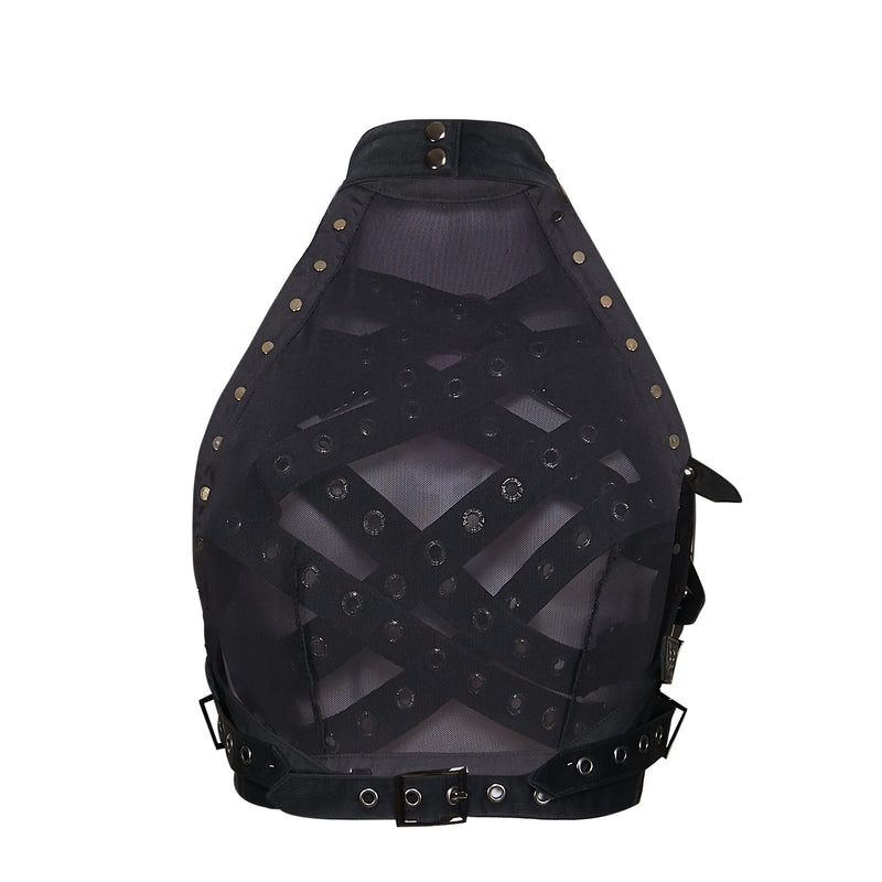Black top with geometric design and studs on a white background