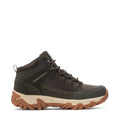 Men's olive hiking boots with lace-up front, padded collar, and tan tread sole
