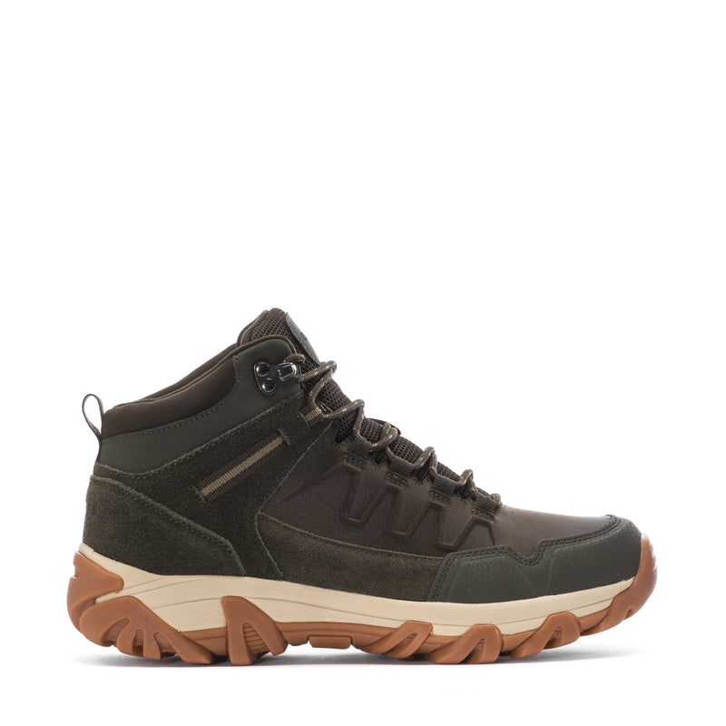 Men's olive hiking boots with lace-up front, padded collar, and tan tread sole