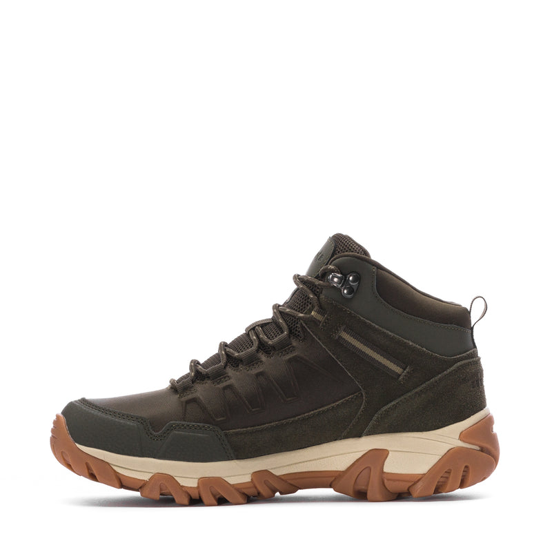 Men's olive lace-up mid hiking boots with side stripe detail and tan rubber outsole