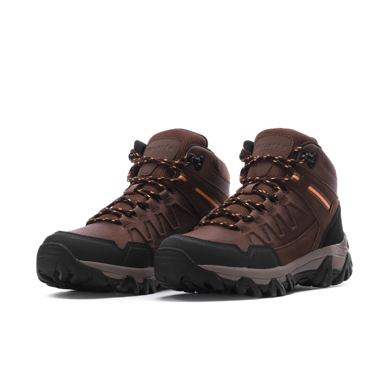 Pair of men’s brown lace-up hiking boots with orange stripe detail and chunky sole