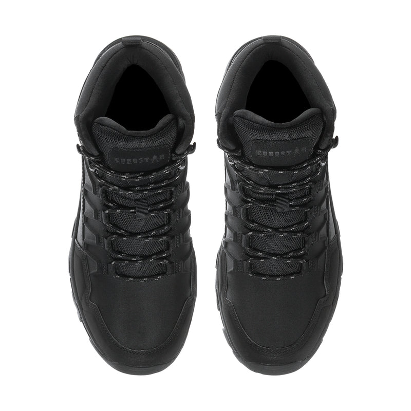 Men's black boots shown from toe and heel, open interior lining and laces