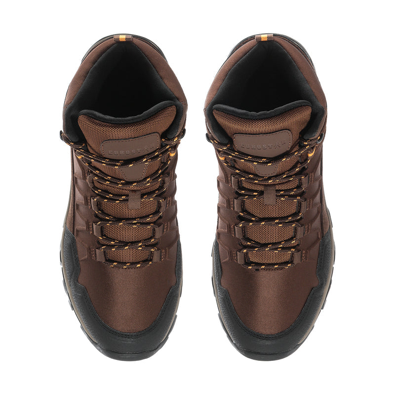 Front view of men’s brown lace-up hiking boots with black interior and padded collar