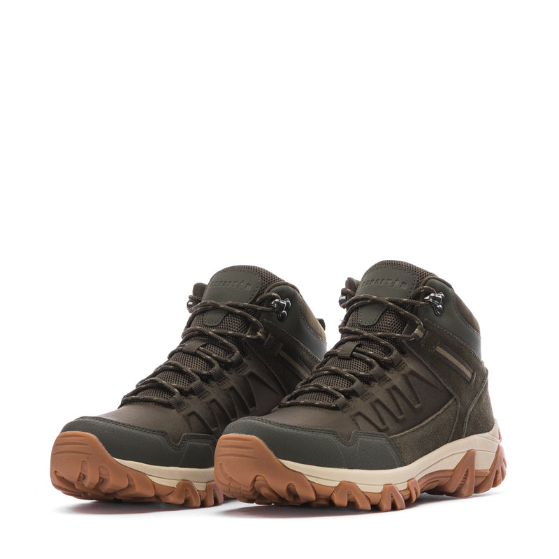 Pair of men's olive lace-up hiking boots with textured uppers and tan lug soles