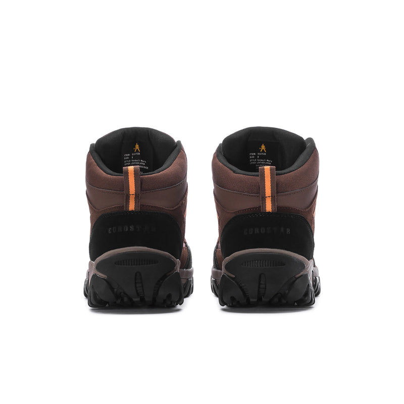 Back view of men’s brown hiking boots with heel pull tab and black rubber tread
