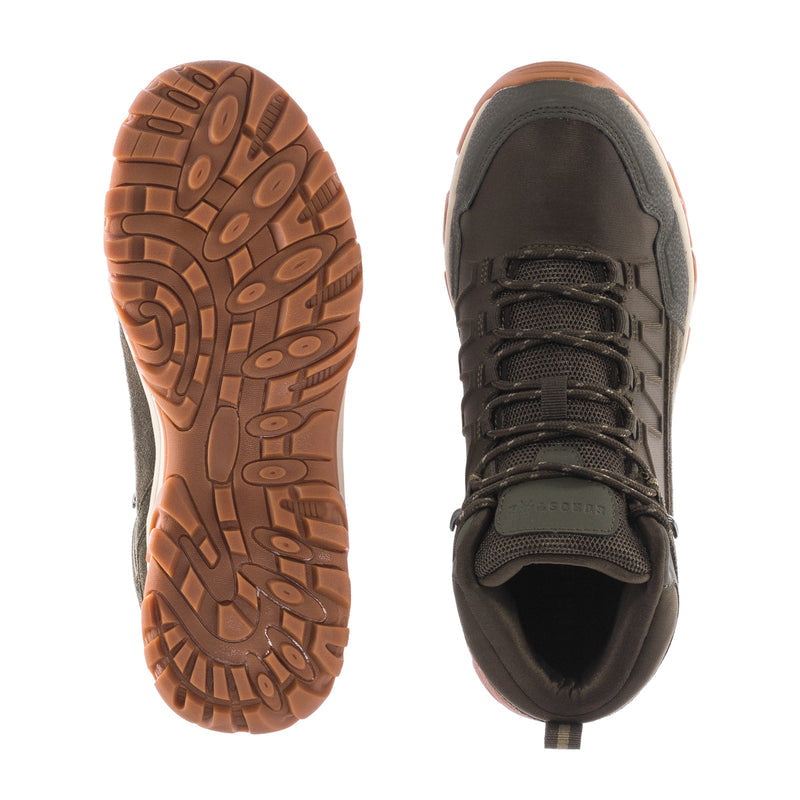 Men's olive hiking boots: rubber outsole tread and inner upper view with dark laces