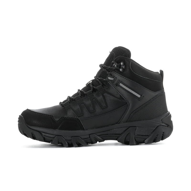 Men's black mid-top boots with side strap detail and lace-up front