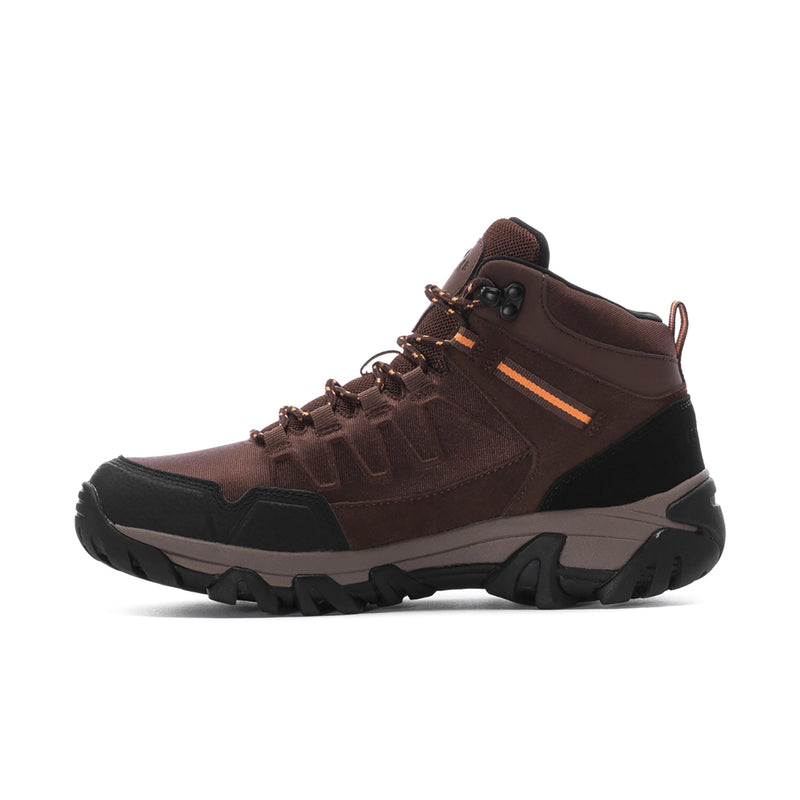 Side view of men’s brown mid-height hiking boots with orange accent and lace eyelets