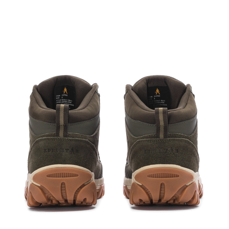 Men's olive hiking boots heel view with padded back collar and tan lug sole