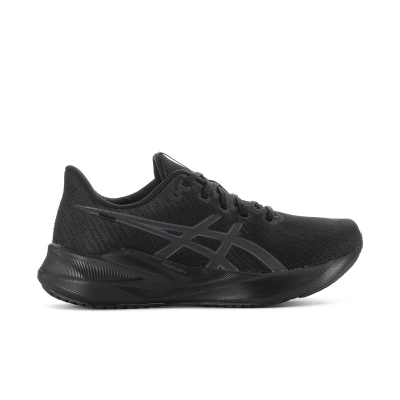Men's black running shoe with gray ASICS-style side logo and lace-up design