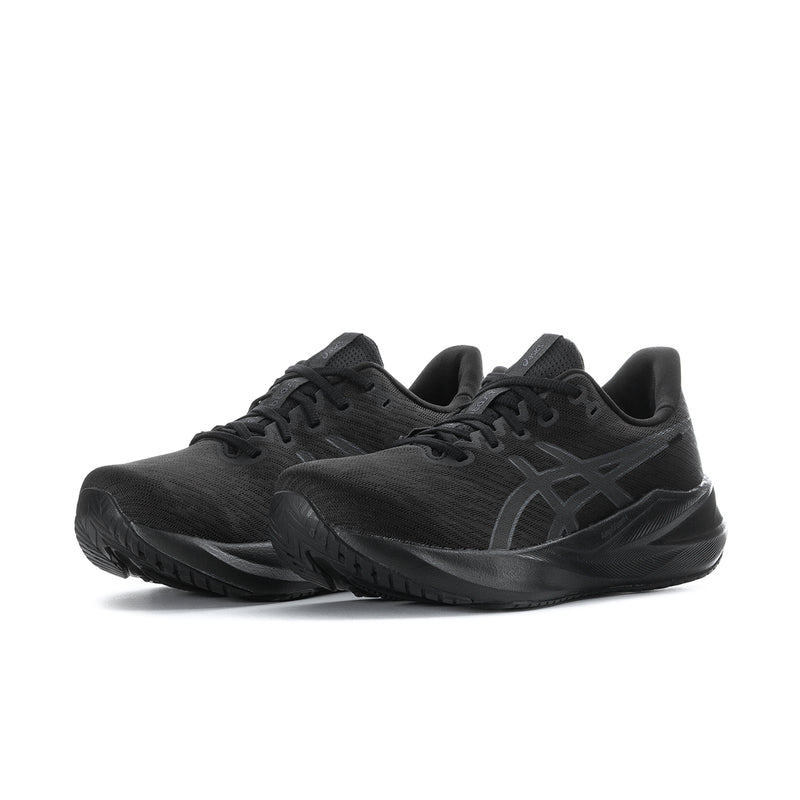 Men's black running shoe pair view, lace-up with textured upper and side logo