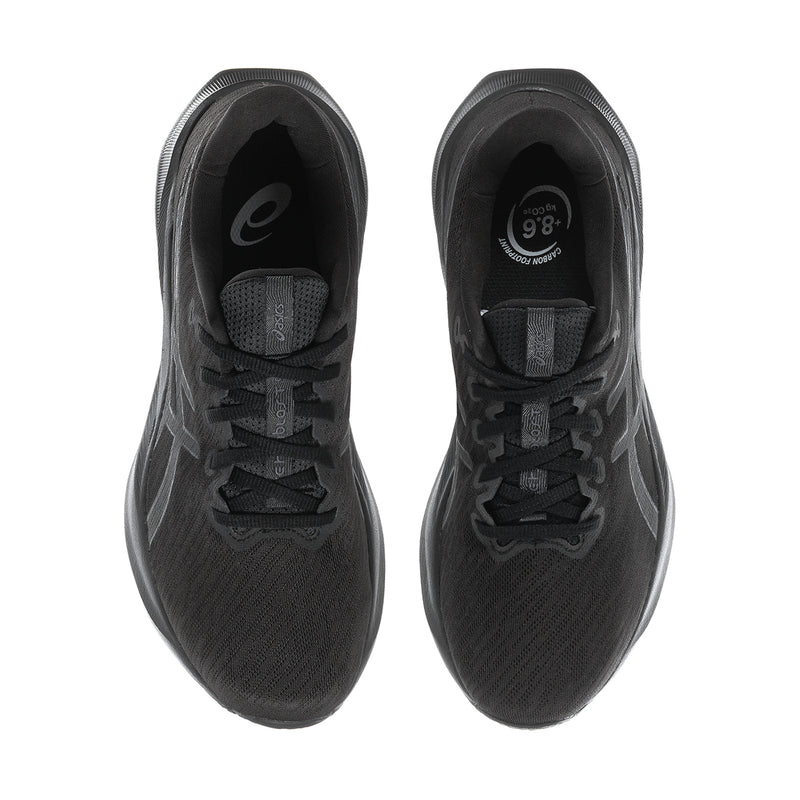 Men's black running shoes, front view with laces and cushioned tongue