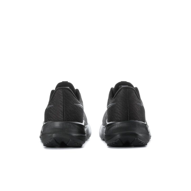Men's black running shoes, rear view with heel cushioning and pull-tab