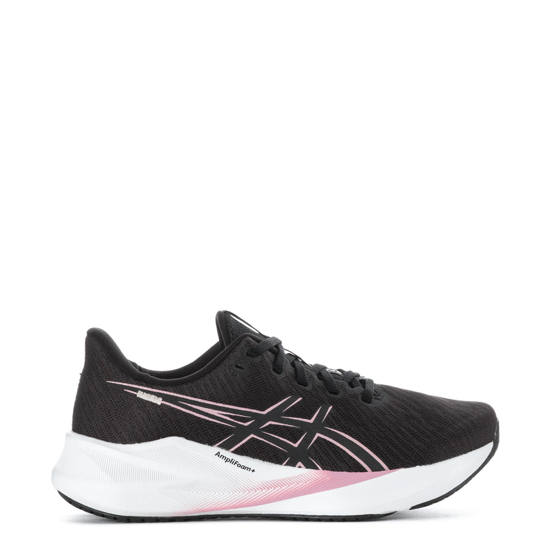 Women's black running shoes with pink accent logo and white sole