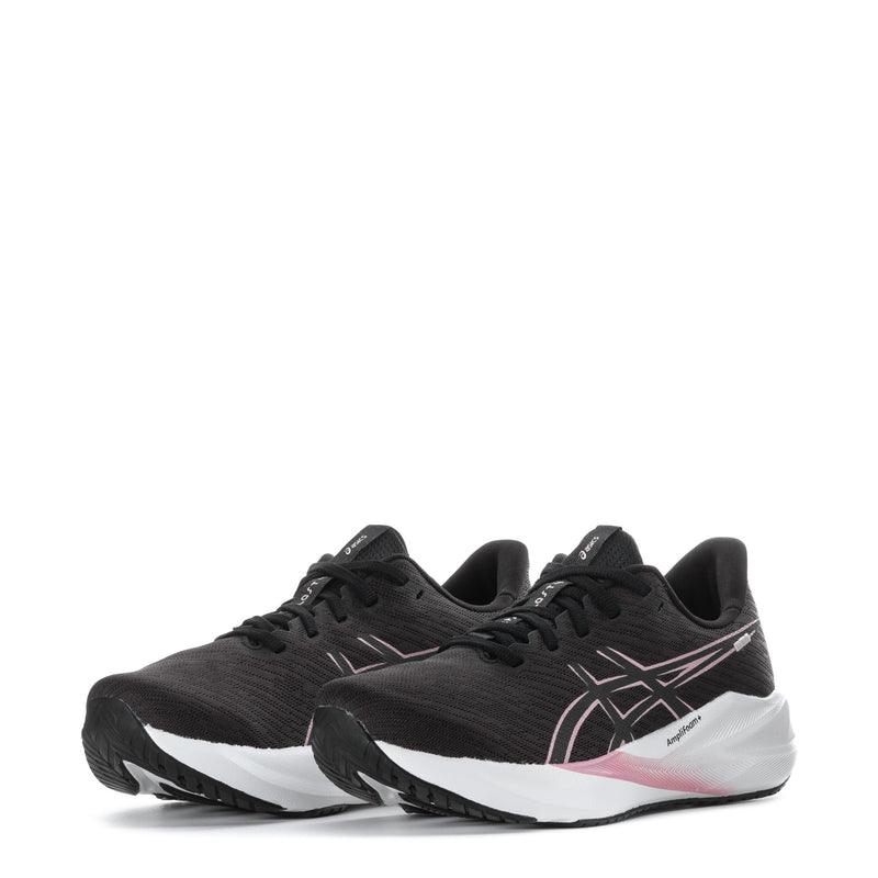 Pair of women's black running shoes, lace-up with pink accent and white sole