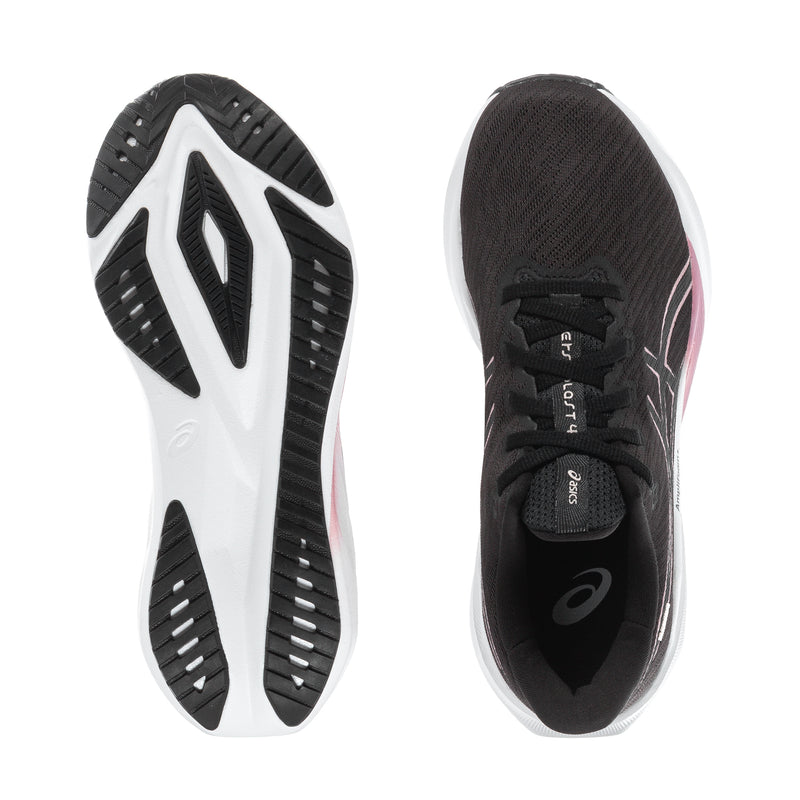 Women's black running shoes outsole and interior view with pink logo detail