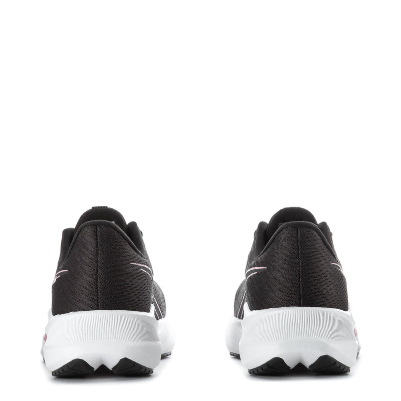 Women's black running shoes, heel view with pink accent and white sole