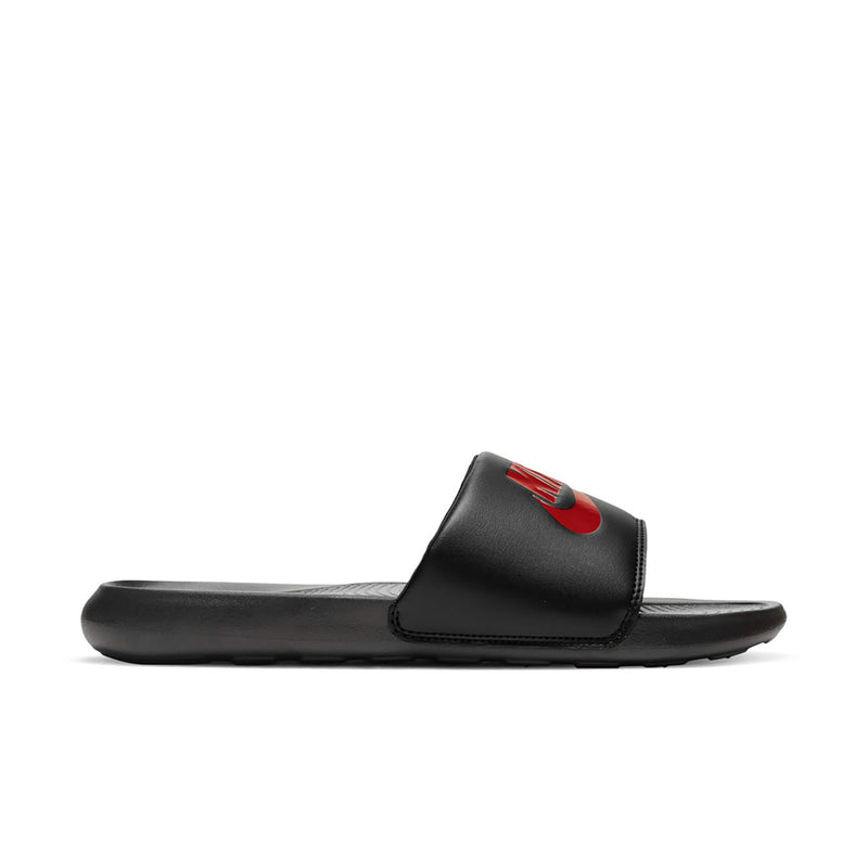 Men's black slide sandals with red Nike logo on the strap