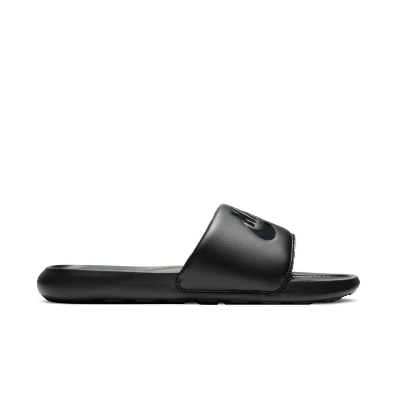 Men's black slide sandals with Nike logo on strap