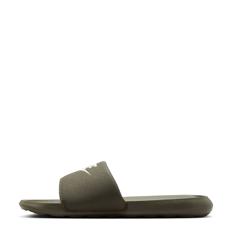 Men's dark olive slide sandals with white swoosh logo on strap