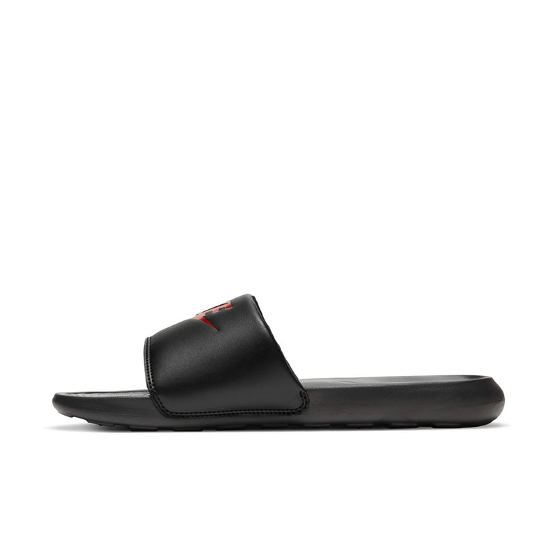 Men's black slide sandals with small red Nike mark on the strap